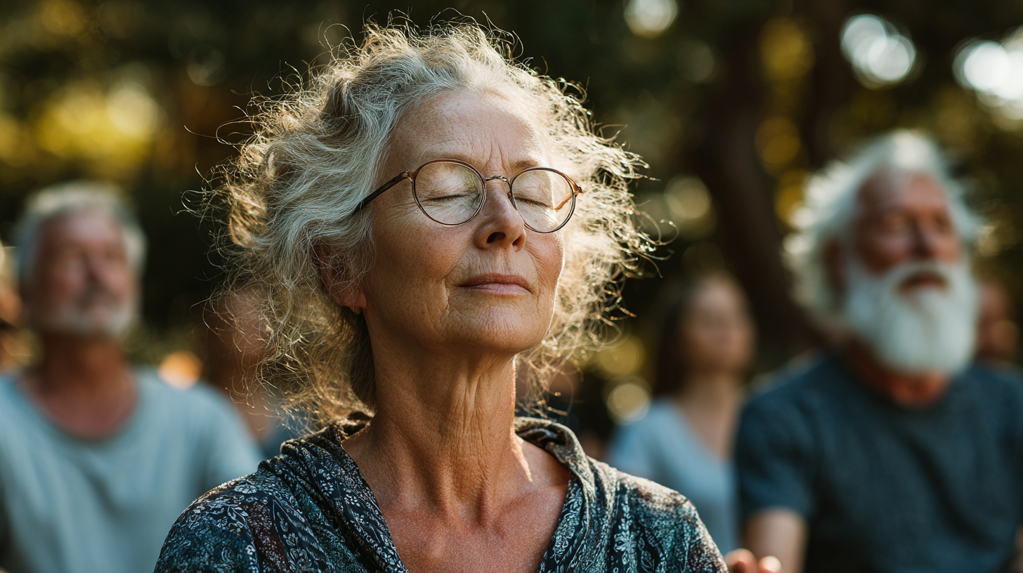 Grupo de adultos mayores practicando yoga